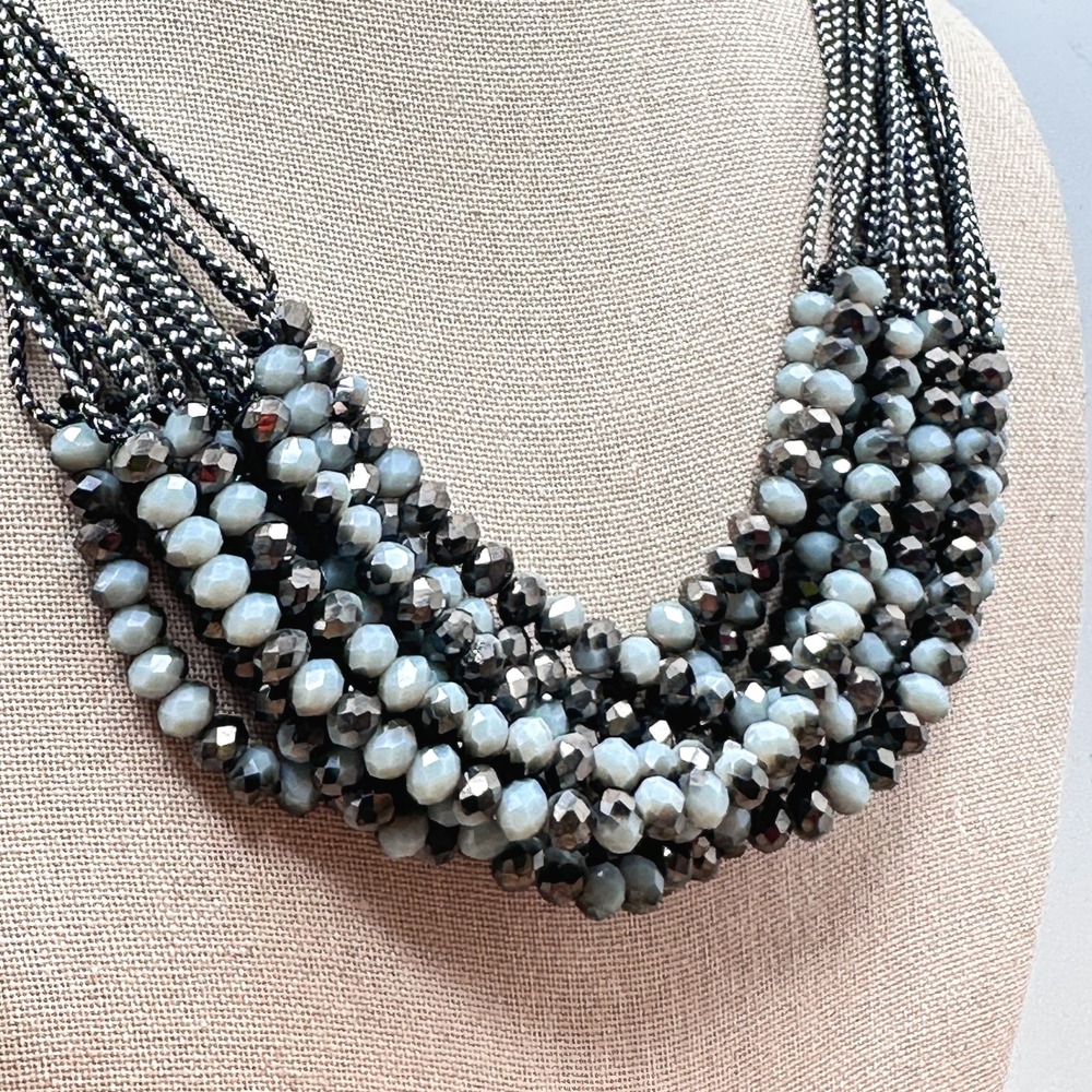 Chic Cluster Statement Necklace Black Gray Faceted Hematite Crystal Multi Strand